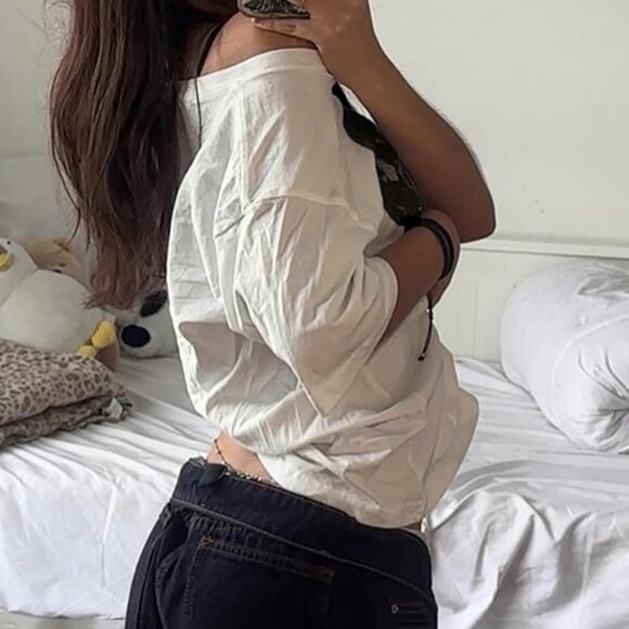 Women One Shoulder Top Oversized Graphic Tee Y2K Grunge Emo Fashion - Picture 3 of 6